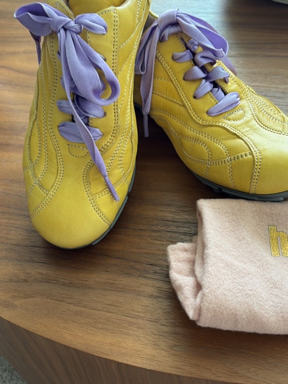 Women's Yellow Leather Lace-Up Sneakers with Lilac Laces